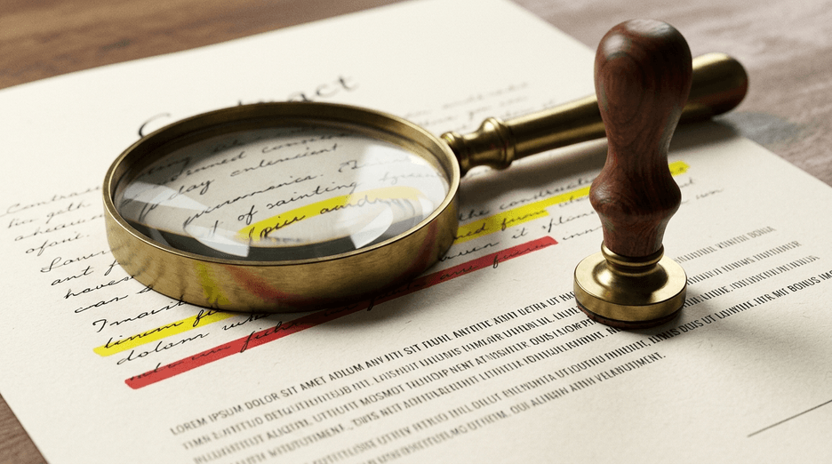 Generated 3D illustration of adult casino equipment: a contract page seen from above, with highlighter strips and a red seal device.
